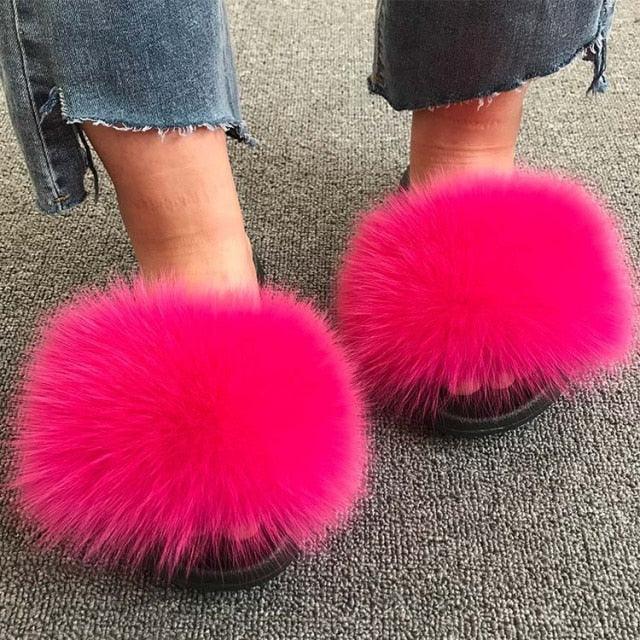 Summer Women Fox Fur Slippers Indoor Slides Fashion Flip Flops Casual Sandals Furry Fluffy Plush Slides Lightweight House Slippers Fluffy Sandals Outdoor Indoor Women Shoes