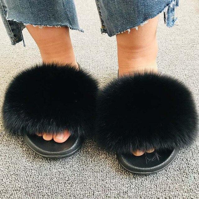 Summer Women Fox Fur Slippers Indoor Slides Fashion Flip Flops Casual Sandals Furry Fluffy Plush Slides Lightweight House Slippers Fluffy Sandals Outdoor Indoor Women Shoes