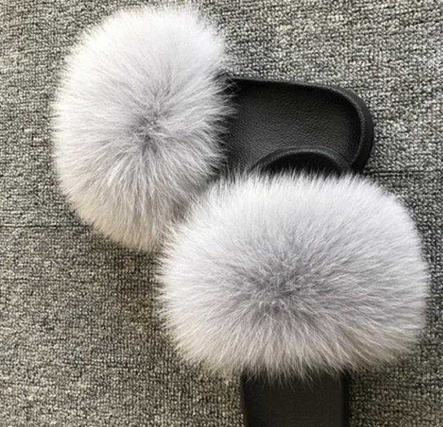 Summer Women Fox Fur Slippers Indoor Slides Fashion Flip Flops Casual Sandals Furry Fluffy Plush Slides Lightweight House Slippers Fluffy Sandals Outdoor Indoor Women Shoes