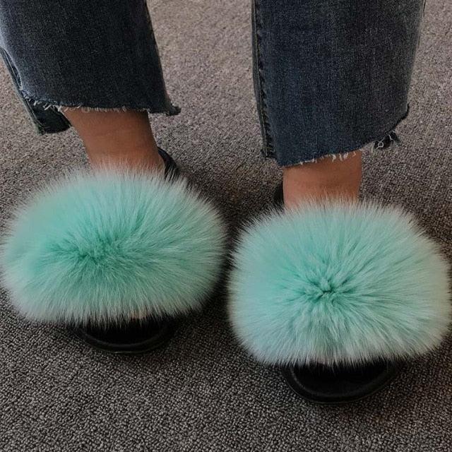 Summer Women Fox Fur Slippers Indoor Slides Fashion Flip Flops Casual Sandals Furry Fluffy Plush Slides Lightweight House Slippers Fluffy Sandals Outdoor Indoor Women Shoes