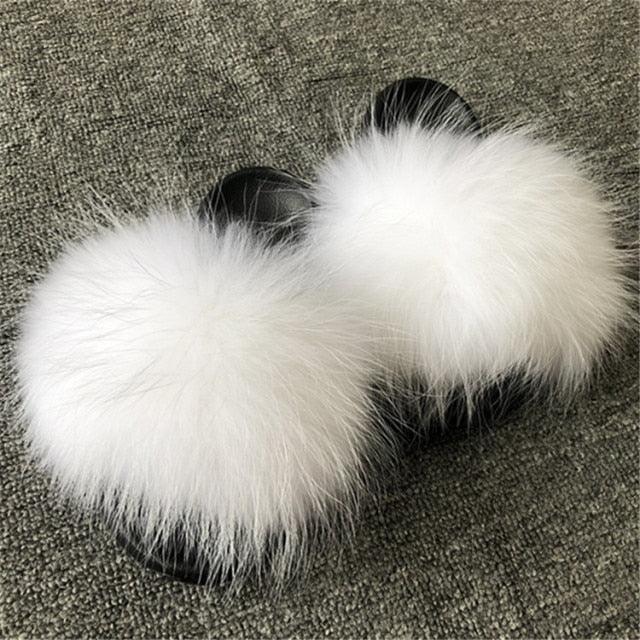 Summer Women Fox Fur Slippers Indoor Slides Fashion Flip Flops Casual Sandals Furry Fluffy Plush Slides Lightweight House Slippers Fluffy Sandals Outdoor Indoor Women Shoes