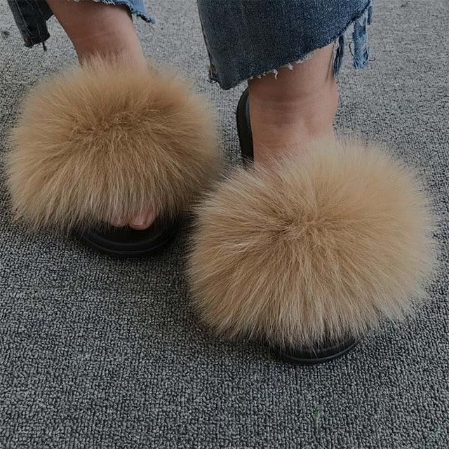 Summer Women Fox Fur Slippers Indoor Slides Fashion Flip Flops Casual Sandals Furry Fluffy Plush Slides Lightweight House Slippers Fluffy Sandals Outdoor Indoor Women Shoes