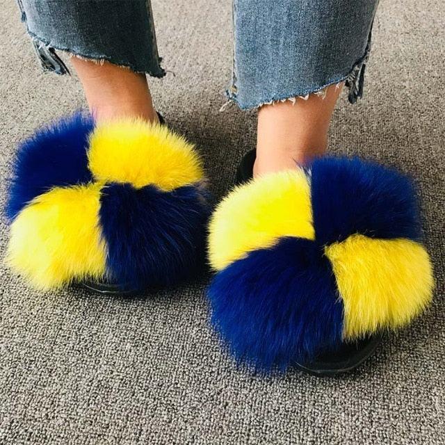 Summer Women Fox Fur Slippers Indoor Slides Fashion Flip Flops Casual Sandals Furry Fluffy Plush Slides Lightweight House Slippers Fluffy Sandals Outdoor Indoor Women Shoes