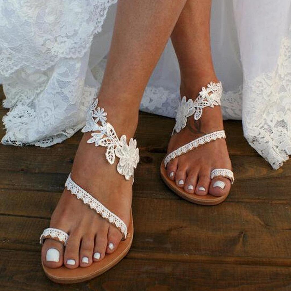 Summer Women's Sandals Slip-On Flat Shoes White Lace Flat Clip Toe Casual Lace Floral Beach Flip Flop Comfy Shoes Summer Elegant Toe Ring Comfy Dress Sandals