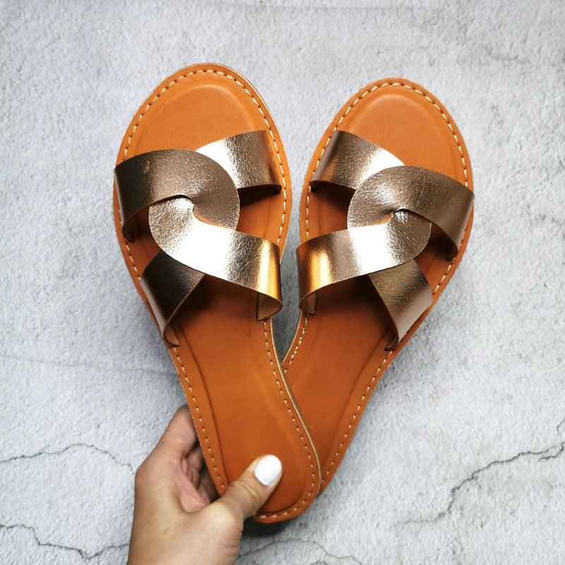 Summer Women Sandals Shoes Fashion Leather Surface Female Slippers Solid High Quality Woman Flat Slides Sandals Casual Strap Cross Slip On Sliders Beach Flat Sandals For Women