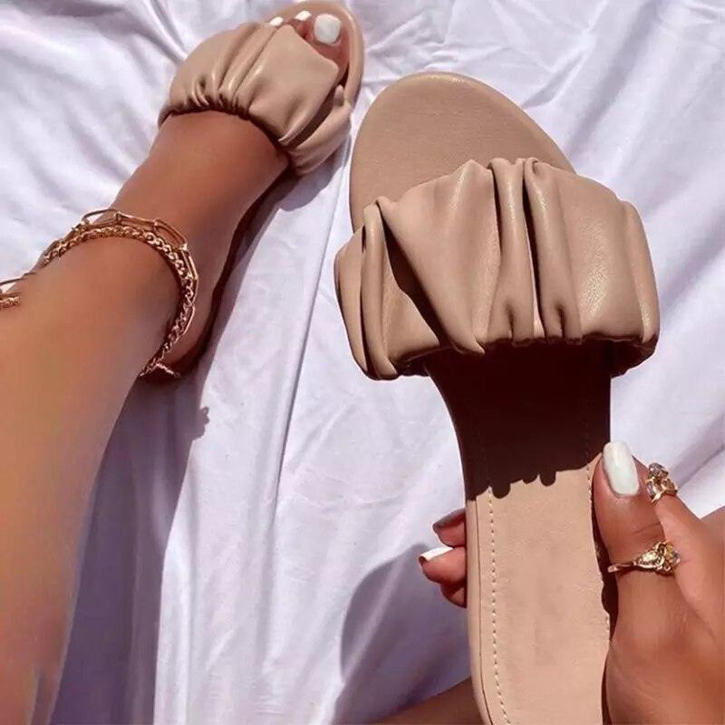 Summer Women Sandals Slippers Pleated Flip Flop Casual Beach Square Open Toe Shoes Outdoor Slippers Open Toe Flat Sandals Slip On Slide Sandals Strap Flat Sandals