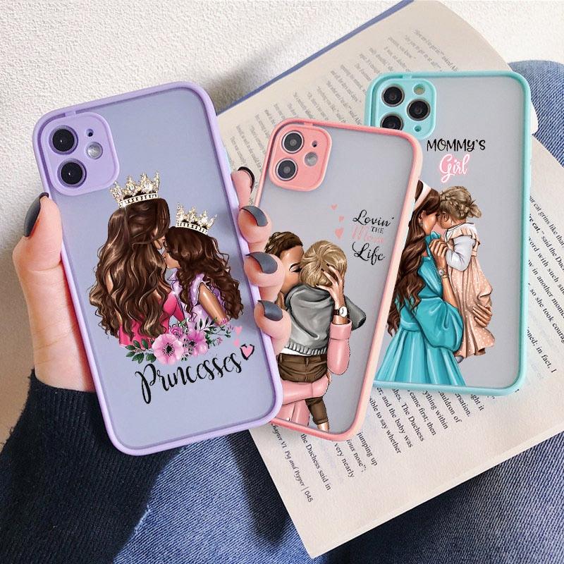 Super Mom Mother Phone Case For iphone 12 Baby Girl Fashion Family Cover for Iphone 11 13 Pro Max X XS Max XR 6 7 8 Plus Glossy Soft Slim Back Case with Simple Pattern Light-Wight Protective Bumper Cover for iPhone