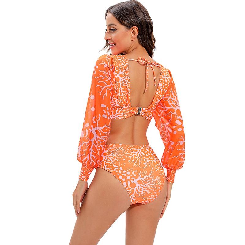 Surfing Swimsuit For Women Bikini Long Sleeve Swimwear Tiger Print Push Up Summer Bath Suit Two Piece Surfing Rash Guard Bikini Long Sleeve Swimsuit Set