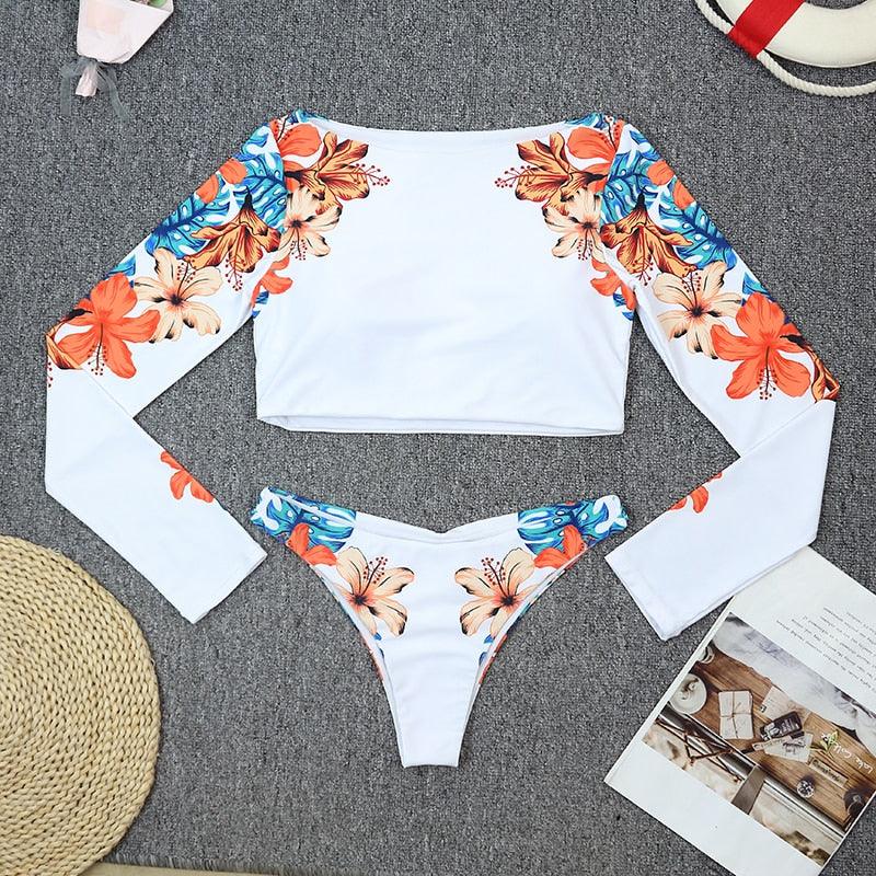 Surfing Swimsuit For Women Bikini Long Sleeve Swimwear Tiger Print Push Up Summer Bath Suit Two Piece Surfing Rash Guard Bikini Long Sleeve Swimsuit Set