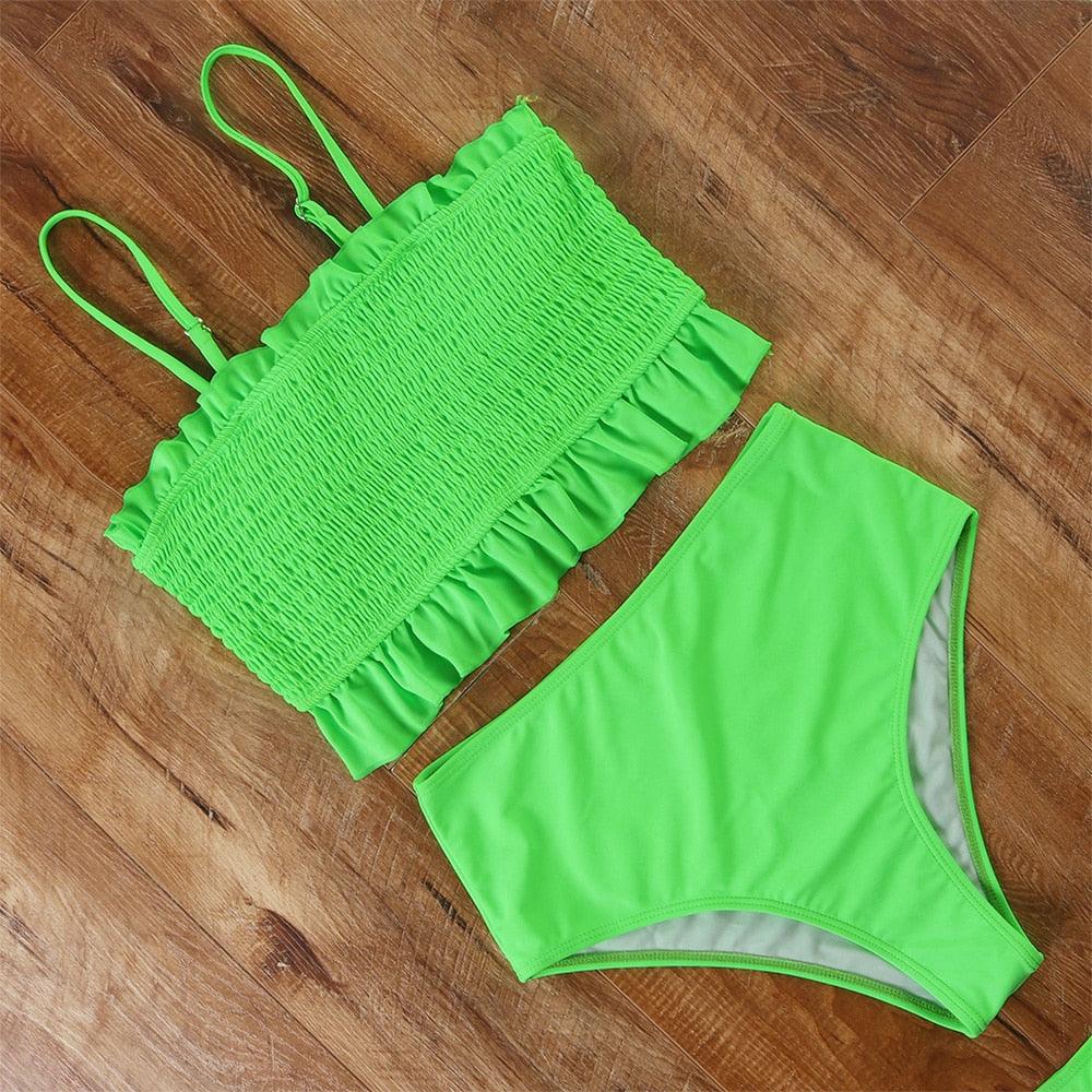 Swimsuit Women Bikini Plus Size High Cut Bathing Suit High Waist Bikini Set Women's Bikini Set Two Piece Cute Swimsuits Ruffle Off Shoulder Bathing Suit With High Waist Bottoms