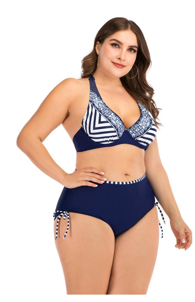 Swimwear High Waist Two Piece Plus Size Large Size Plus Fat Printed Swimsuit Women Back Bikini Beach Bathing Suit Women High Waist Swimsuits Triangle Bathing Suit