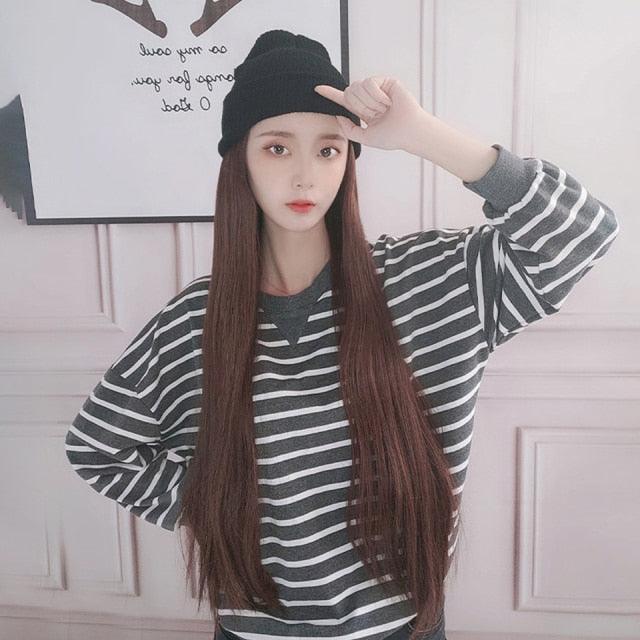 Synthetic Long Straight Knitted Hat Hair Wigs For Women Black Hat Hair Extension Wigs Cap With Hair Naturally Connect Hair Wigs For Black Women Cosplay Wigs For Women