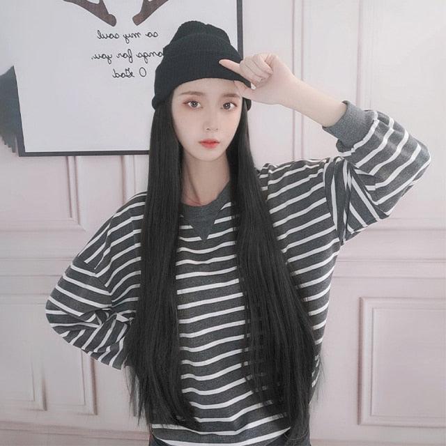 Synthetic Long Straight Knitted Hat Hair Wigs For Women Black Hat Hair Extension Wigs Cap With Hair Naturally Connect Hair Wigs For Black Women Cosplay Wigs For Women