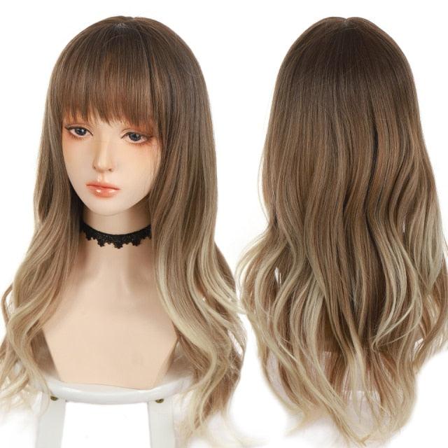 Synthetic Wigs For Women Daily Cosplay Long Water Wave  Lolita Wig With Bangs Cold Brown Heat Resistant Hair Bob Wigs For Black Women Cosplay Wigs For Women Gifts for Girlfriends