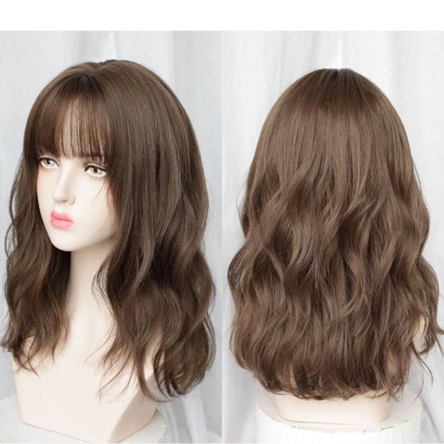 Synthetic Wigs For Women Daily Cosplay Long Water Wave  Lolita Wig With Bangs Cold Brown Heat Resistant Hair Bob Wigs For Black Women Cosplay Wigs For Women Gifts for Girlfriends