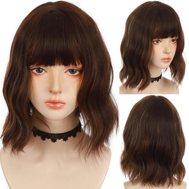 Synthetic Wigs For Women Daily Cosplay Long Water Wave  Lolita Wig With Bangs Cold Brown Heat Resistant Hair Bob Wigs For Black Women Cosplay Wigs For Women Gifts for Girlfriends