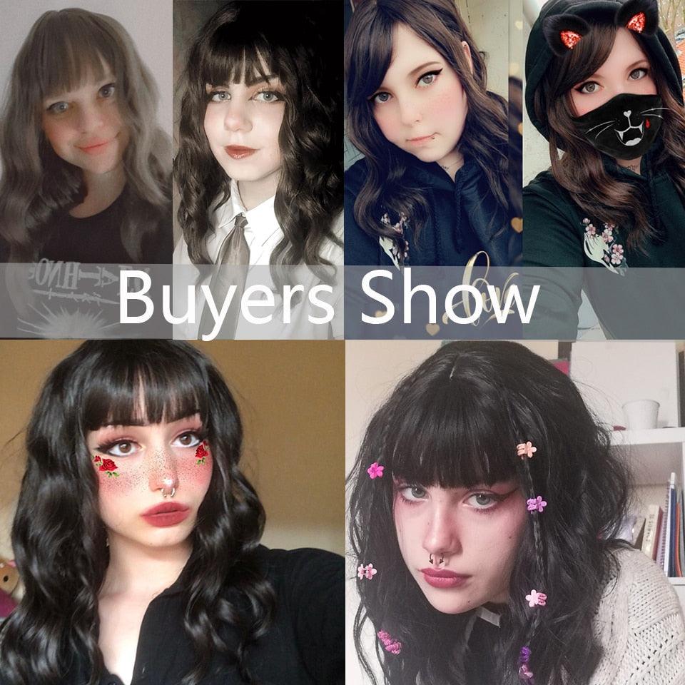 Synthetic Wigs For Women Daily Cosplay Long Water Wave  Lolita Wig With Bangs Cold Brown Heat Resistant Hair Bob Wigs For Black Women Cosplay Wigs For Women Gifts for Girlfriends