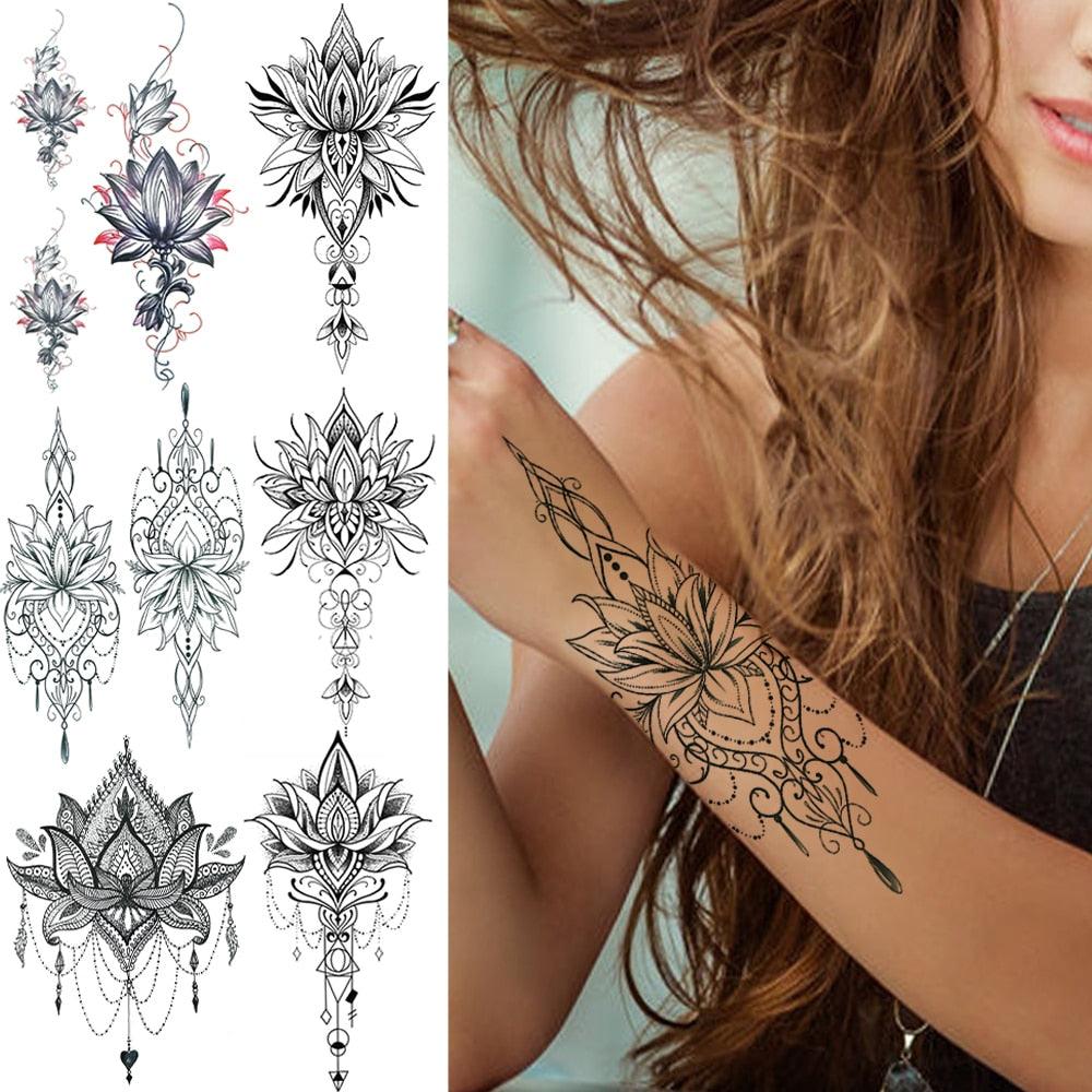 Temporary Lotus Flower Sticker Tattoo Fake Black Elegant Flower Design Women Body Art Fake Arm Tattoo Stickers For Womens - STEVVEX Beauty - 103, Arm Tattoo, Back Tattoo, Beauty, Big Tattoo, Black Tattoos, Body Tattoo, Different Tattoo, Fashion Tattoo, Flower Tattoo, Girls Tattoo, Large Tattoo, Leg Tattoo, Lotus Tattoo, Luxury Tattoo, Realistic Tattoo, Stylish Tattoo, Tattoo, Waterproof Tattoo, Women Tattoo, Womens Tattoo - Stevvex.com