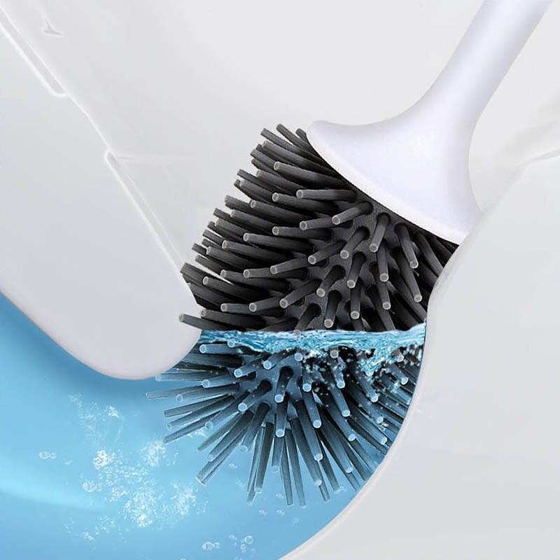 Toilet Brush and Holder Set No Dead Corners Wall-Mounted Toilet Brush Bathroom Accessories Set Toilet Brush And Bracket Set Non Slip Long Handle Soft Silicone Bristles Flexible Toilet Brush Head Wall-Mounted Drip-Proof