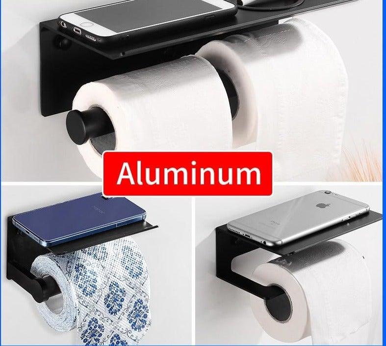 Toilet Paper Holder Phone Bathroom Roll Holder Aluminum Paper Holder with Shelf Black Double Paper Towel Holder Wall Mount Tissue Roll Hanger With Storage Shelf Space Aluminum Self Adhesive With Glue Wall Mount With Screws