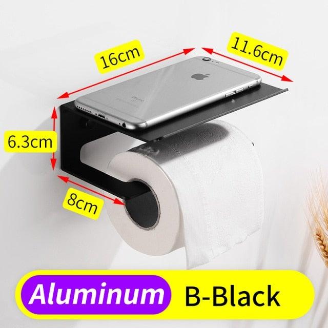 Toilet Paper Holder Phone Bathroom Roll Holder Aluminum Paper Holder with Shelf Black Double Paper Towel Holder Wall Mount Tissue Roll Hanger With Storage Shelf Space Aluminum Self Adhesive With Glue Wall Mount With Screws