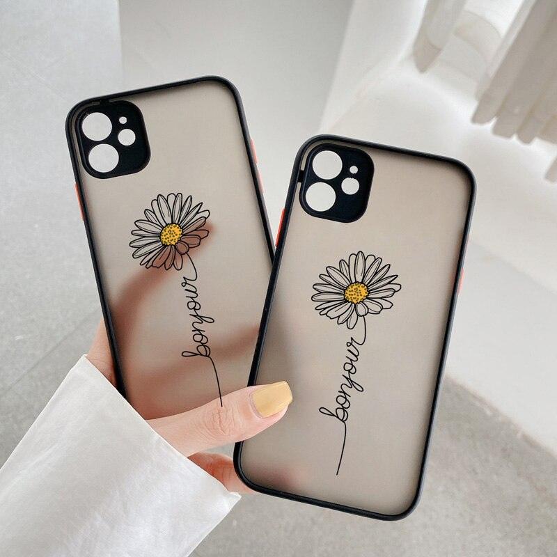 Transparent Black Lines Daisy Flowers Phone Case For iPhone 13 12 7 11Pro X 8 Plus XS MAX XR Clear Real Flower Trendy Aesthetic Phone Case for Women Girls Luxury Black Iphone Case