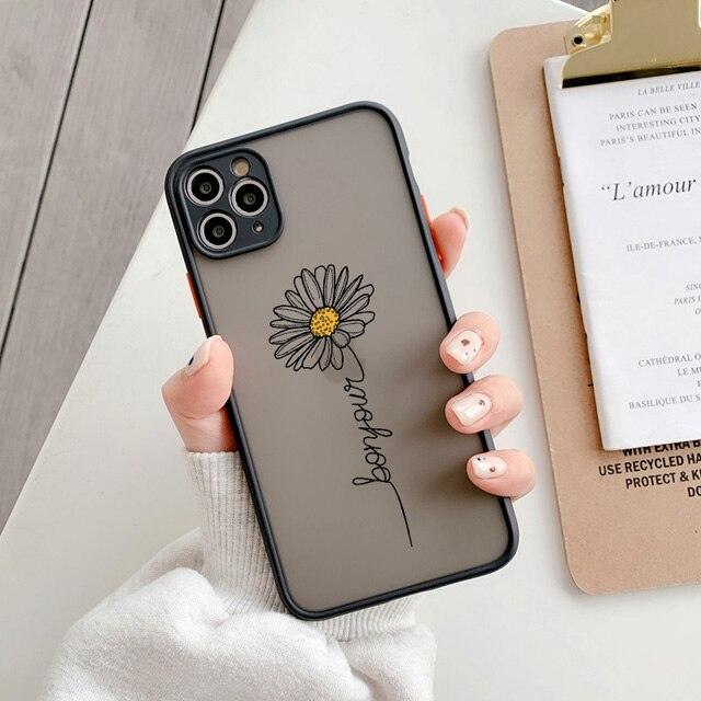 Transparent Black Lines Daisy Flowers Phone Case For iPhone 13 12 7 11Pro X 8 Plus XS MAX XR Clear Real Flower Trendy Aesthetic Phone Case for Women Girls Luxury Black Iphone Case