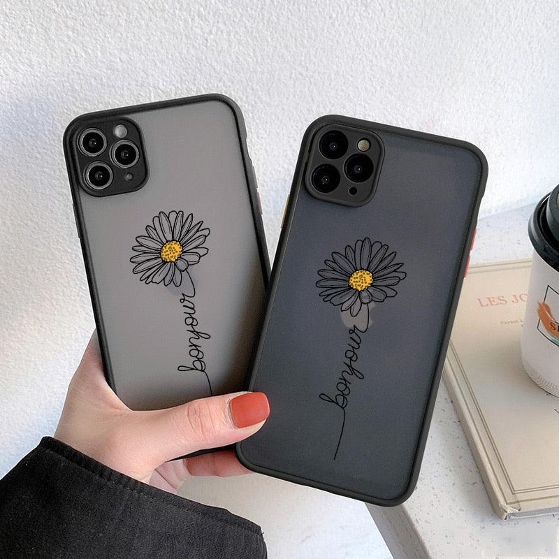 Transparent Black Lines Daisy Flowers Phone Case For iPhone 13 12 7 11Pro X 8 Plus XS MAX XR Clear Real Flower Trendy Aesthetic Phone Case for Women Girls Luxury Black Iphone Case