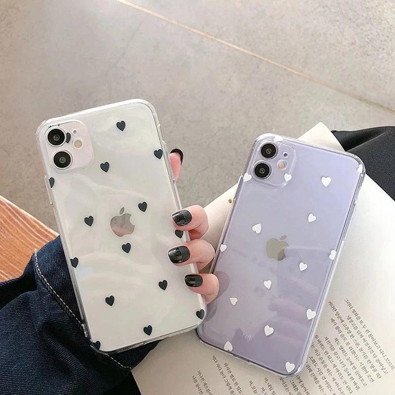 Transparent Couples Heart Phone Case For iPhone 11 12 Pro Max Mini X XR XS Max 7 8 Plus SE Soft Back Cute Clear Heart Love Pattern Print for Girls Women Slim Thin Soft Silicone Fashion Luxury Transparent Phone Case Black