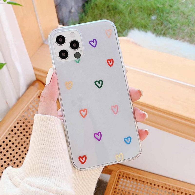 Transparent Cute Love Heart Soft Mobile Phone Case For iPhone 11 Pro Max 12 13 Mini 7 8Plus X XR XS Max Love Heart Case Full Camera Protection Soft Silicone Shockproof Case for iPhone