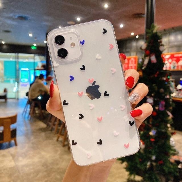 Transparent Cute Love Heart Soft Mobile Phone Case For iPhone 11 Pro Max 12 13 Mini 7 8Plus X XR XS Max Love Heart Case Full Camera Protection Soft Silicone Shockproof Case for iPhone