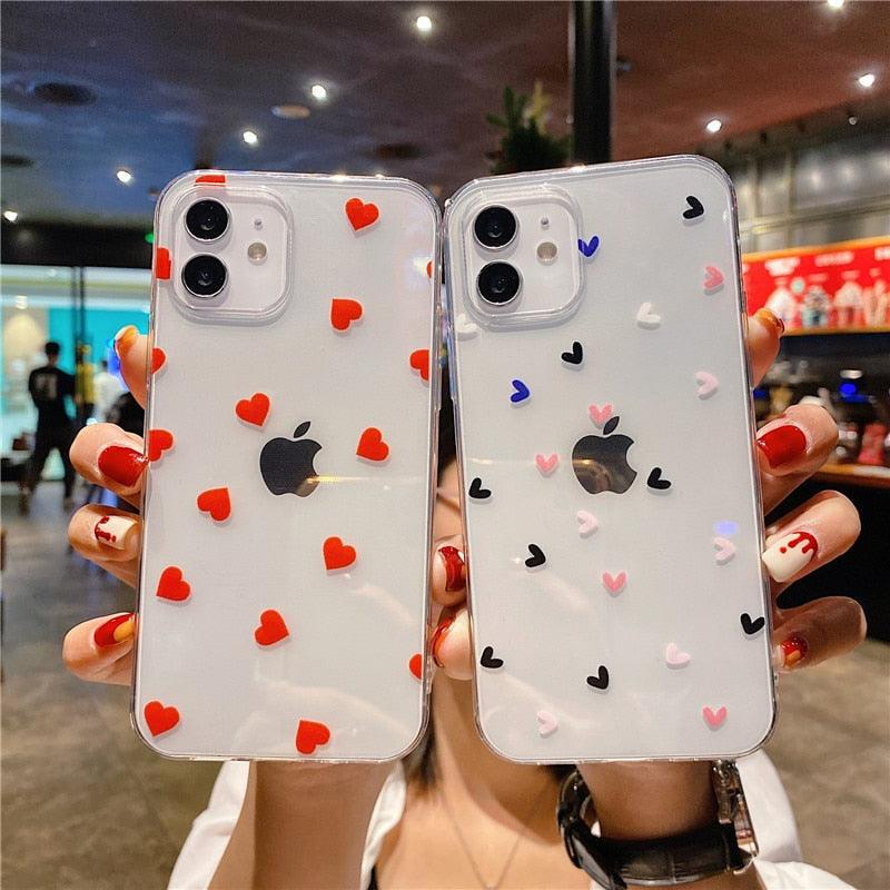 Transparent Phone Case For iPhone Pro Max 12 13 Mini Cute Love Heart Soft Transparent Shockproof Protective Phone Case Soft Silicone Slim Cover