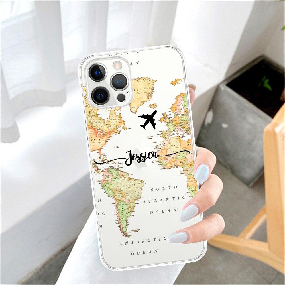 Travel Map Phone Case for iPhone 13 11 12 Pro Max X XR XS 7 8 Plus Mini SE Transparent Cover for iphone Transparent Soft Ultra Slim Anti-Scratch Bumper Protective Cover for iPhone