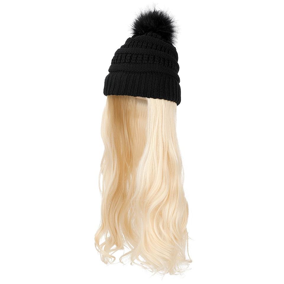 Trendy Hat Wig Synthetic Long Wavy Wigs with Beret Hat Knitted Fashion black Autumn Winter Cap Hair Extensions Wigs For Black Women Cosplay Wigs For Women