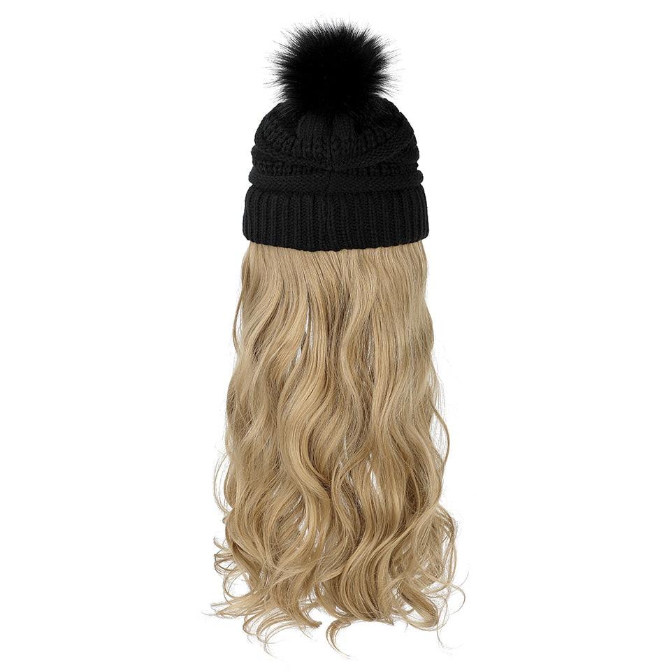 Trendy Hat Wig Synthetic Long Wavy Wigs with Beret Hat Knitted Fashion black Autumn Winter Cap Hair Extensions Wigs For Black Women Cosplay Wigs For Women