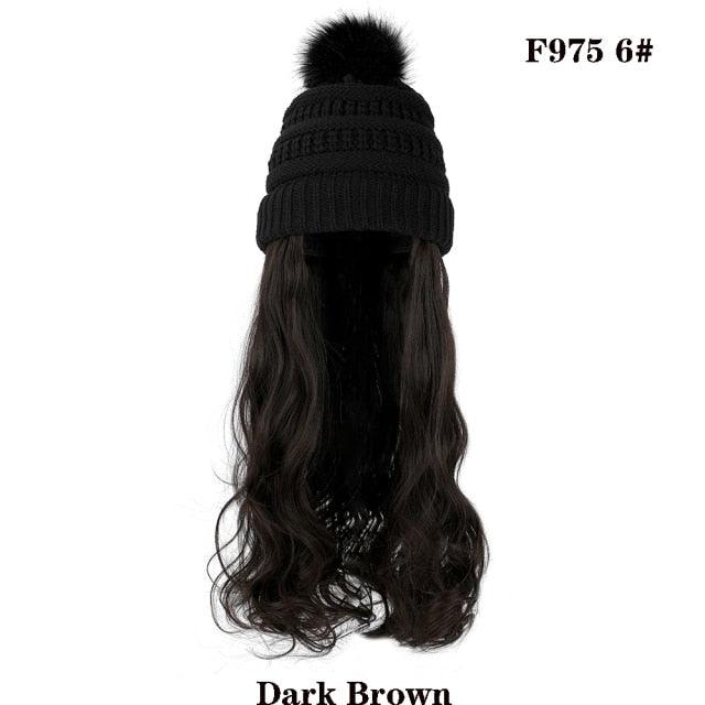 Trendy Hat Wig Synthetic Long Wavy Wigs with Beret Hat Knitted Fashion black Autumn Winter Cap Hair Extensions Wigs For Black Women Cosplay Wigs For Women