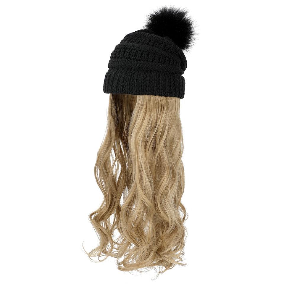 Trendy Hat Wig Synthetic Long Wavy Wigs with Beret Hat Knitted Fashion black Autumn Winter Cap Hair Extensions Wigs For Black Women Cosplay Wigs For Women