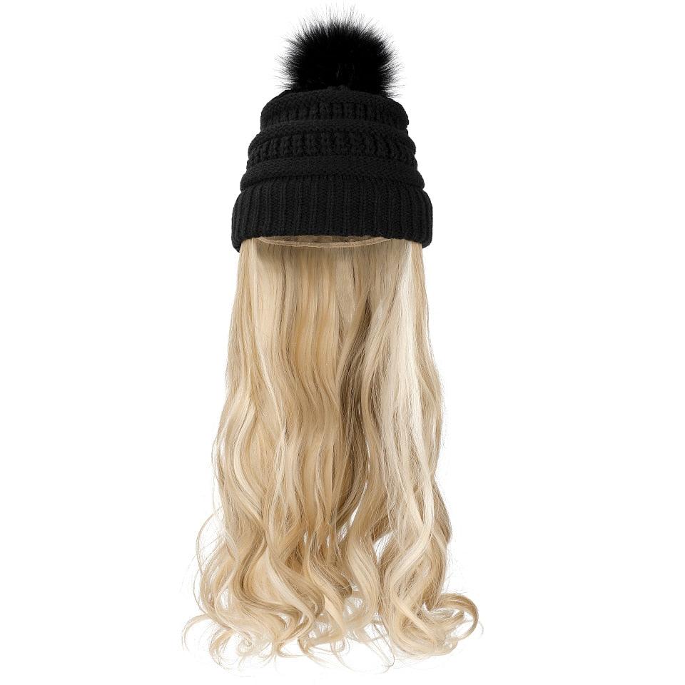 Trendy Hat Wig Synthetic Long Wavy Wigs with Beret Hat Knitted Fashion black Autumn Winter Cap Hair Extensions Wigs For Black Women Cosplay Wigs For Women