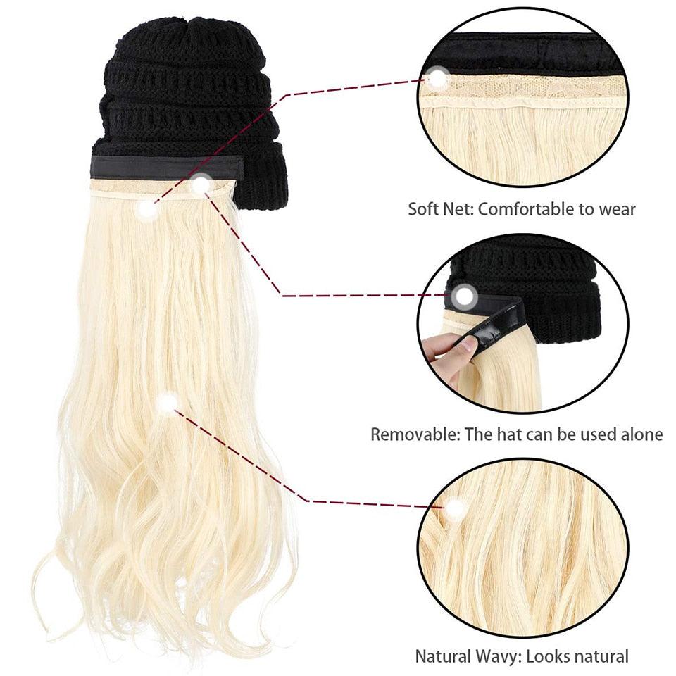 Trendy Hat Wig Synthetic Long Wavy Wigs with Beret Hat Knitted Fashion black Autumn Winter Cap Hair Extensions Wigs For Black Women Cosplay Wigs For Women