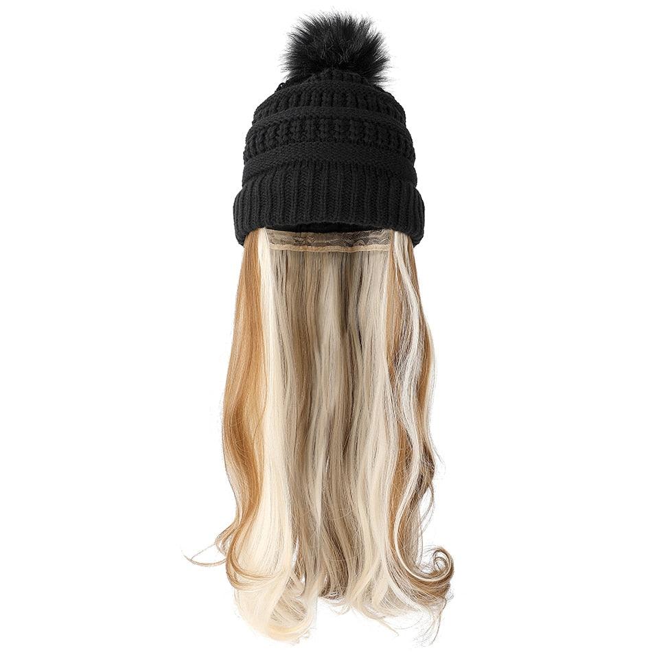 Trendy Hat Wig Synthetic Long Wavy Wigs with Beret Hat Knitted Fashion black Autumn Winter Cap Hair Extensions Wigs For Black Women Cosplay Wigs For Women