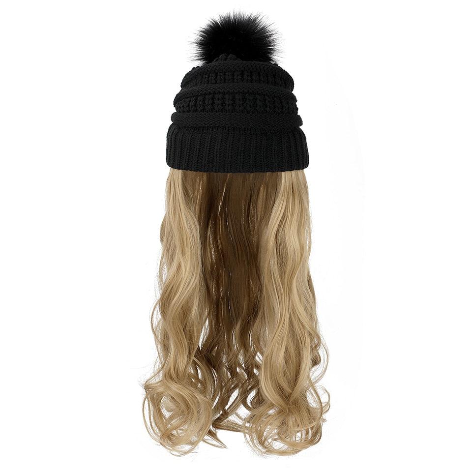 Trendy Hat Wig Synthetic Long Wavy Wigs with Beret Hat Knitted Fashion black Autumn Winter Cap Hair Extensions Wigs For Black Women Cosplay Wigs For Women