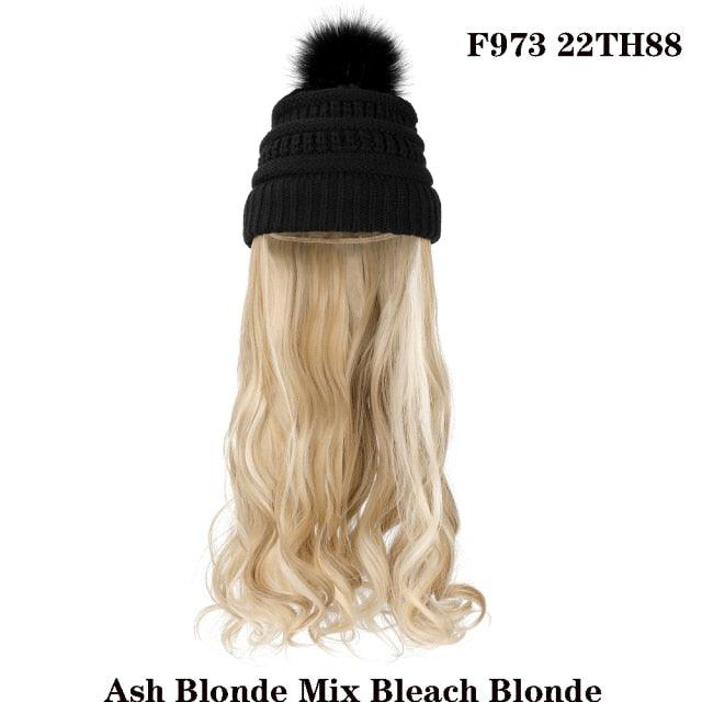 Trendy Hat Wig Synthetic Long Wavy Wigs with Beret Hat Knitted Fashion black Autumn Winter Cap Hair Extensions Wigs For Black Women Cosplay Wigs For Women