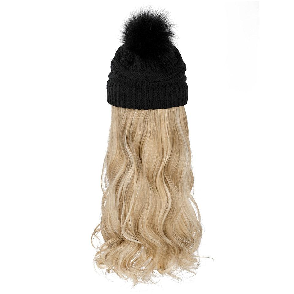 Trendy Hat Wig Synthetic Long Wavy Wigs with Beret Hat Knitted Fashion black Autumn Winter Cap Hair Extensions Wigs For Black Women Cosplay Wigs For Women