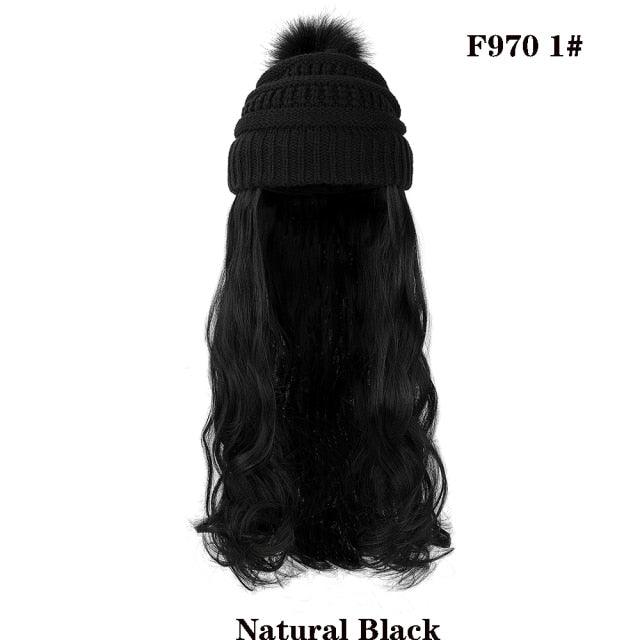 Trendy Hat Wig Synthetic Long Wavy Wigs with Beret Hat Knitted Fashion black Autumn Winter Cap Hair Extensions Wigs For Black Women Cosplay Wigs For Women