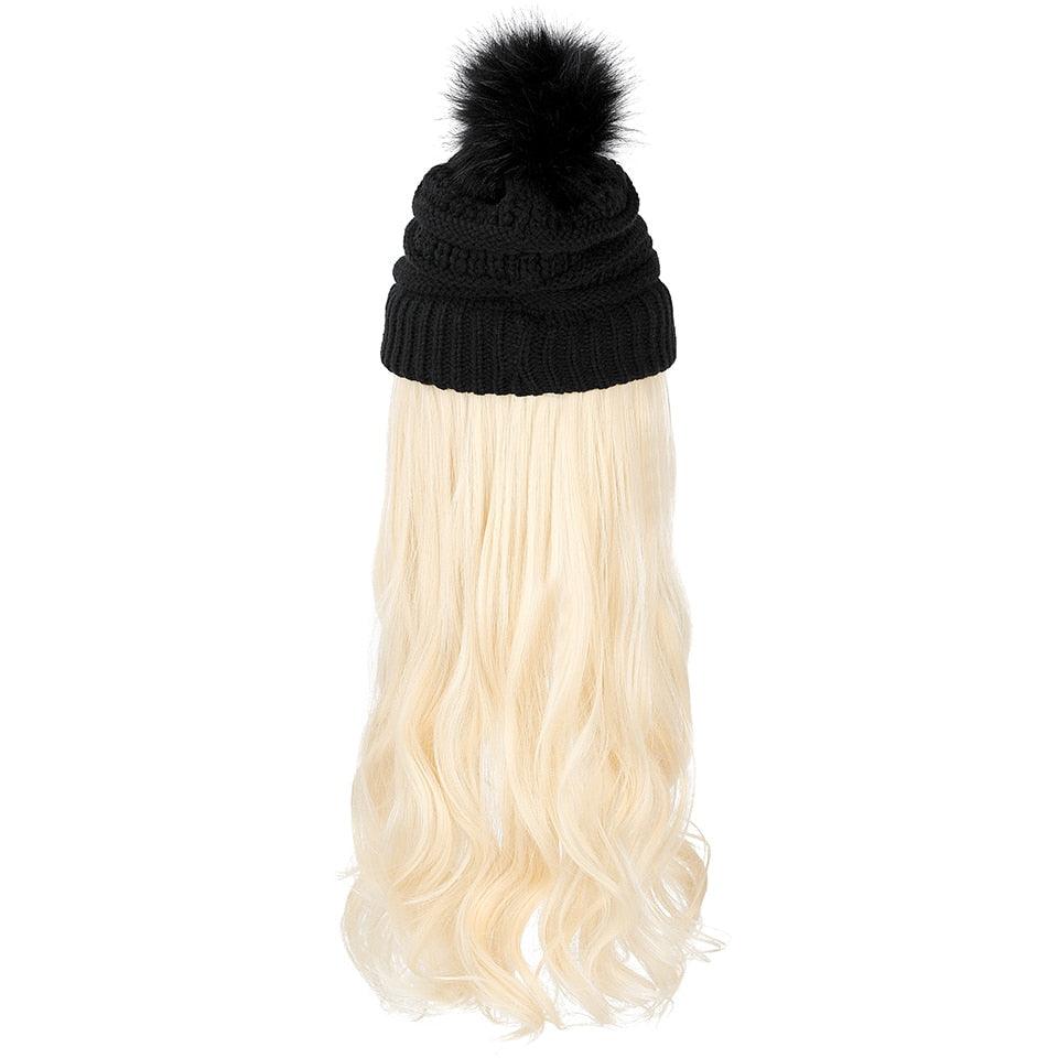 Trendy Hat Wig Synthetic Long Wavy Wigs with Beret Hat Knitted Fashion black Autumn Winter Cap Hair Extensions Wigs For Black Women Cosplay Wigs For Women