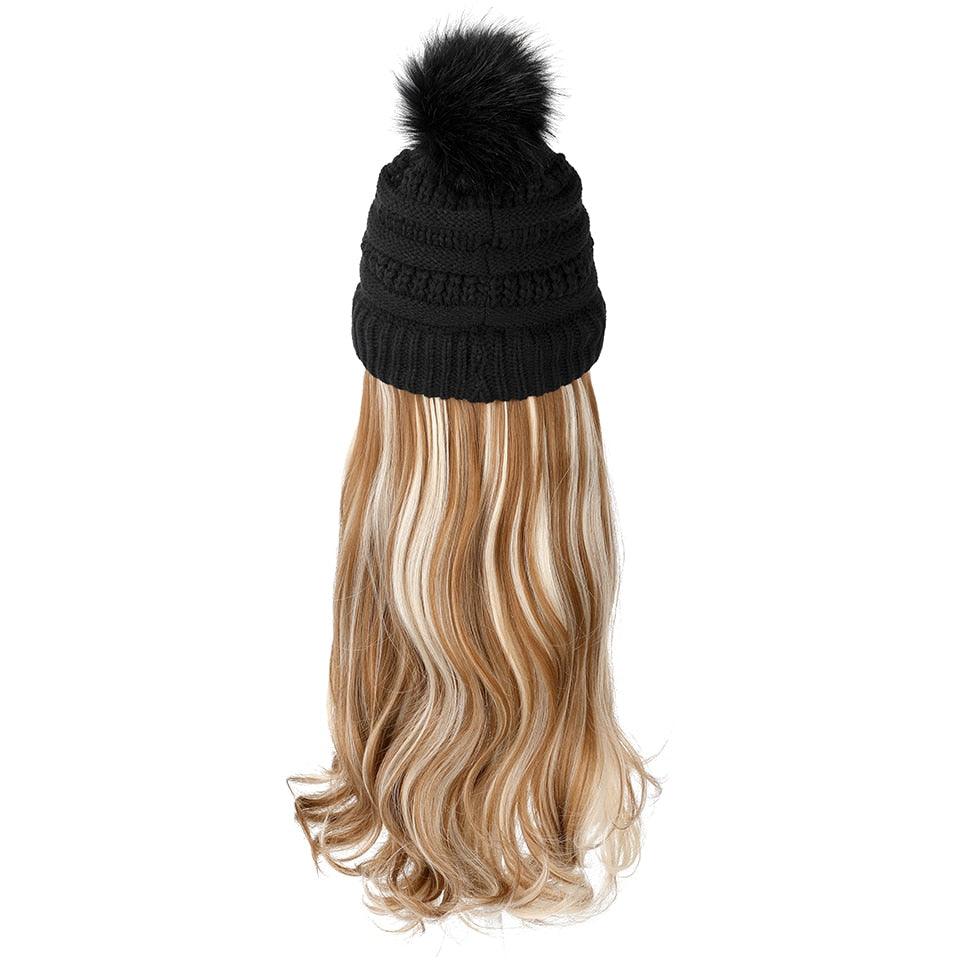 Trendy Hat Wig Synthetic Long Wavy Wigs with Beret Hat Knitted Fashion black Autumn Winter Cap Hair Extensions Wigs For Black Women Cosplay Wigs For Women