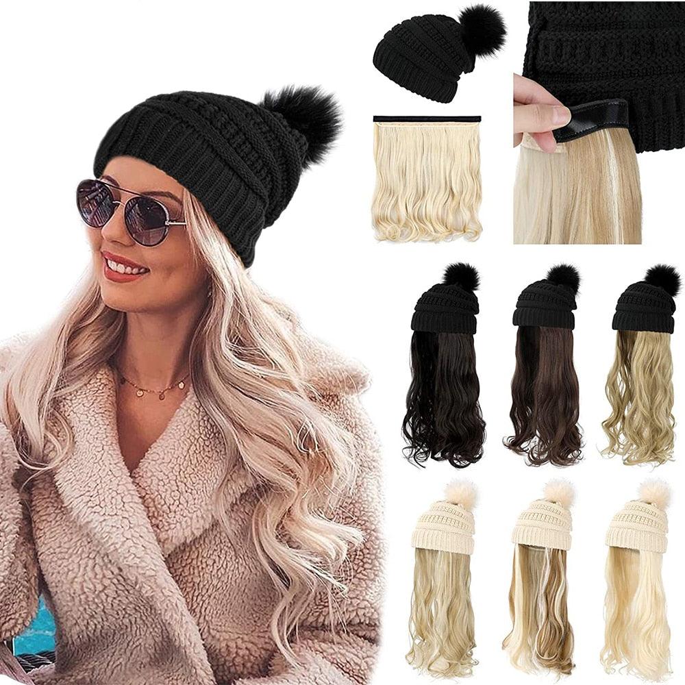 Trendy Hat Wig Synthetic Long Wavy Wigs with Beret Hat Knitted Fashion black Autumn Winter Cap Hair Extensions Wigs For Black Women Cosplay Wigs For Women