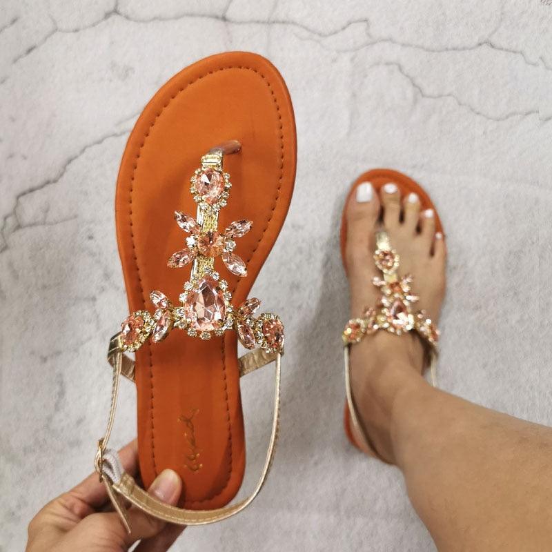 Trendy Summer Women's Shoes Beautiful Crystal Shiny Flat Sandals With Back Strap Footwear Rhinestones Flat Sandals Strappy Comfort Open Toe Flat Women Sandals