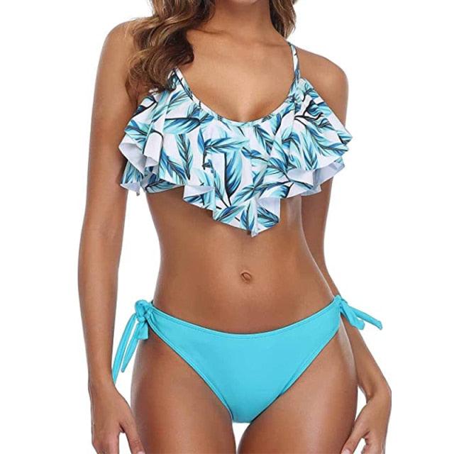 Tropical Bikini  Bottom Padded Ruffled Top Push Up Bikini Swimsuit For Women Underwire Bikini Top Ruffle Padded Two Piece Bathing Suits Teen Girls Two Piece Swimsuit Women Cross Back Bathing Suit Swimwear