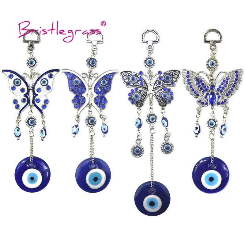 Turkish Blue Evil Eye Rhinestone Butterfly Amulet with Blue Rhinestone Car Charm Rear View Mirror Wall Hanging Protection Lucky Charms Wall Hanging Pendant Protection  Home Decor Blessing Gift